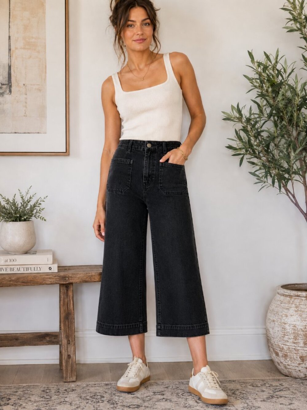 Anthropologie Maeve The Colette Cropped Wide Leg Jean 29P Washed Black High Rise